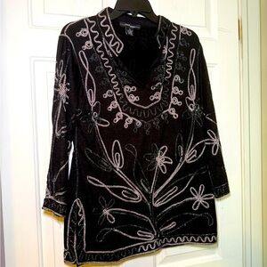 Once Again Woman’s Ribbon Embroidered Sparkle Tunic Size Medium Black Mandarin